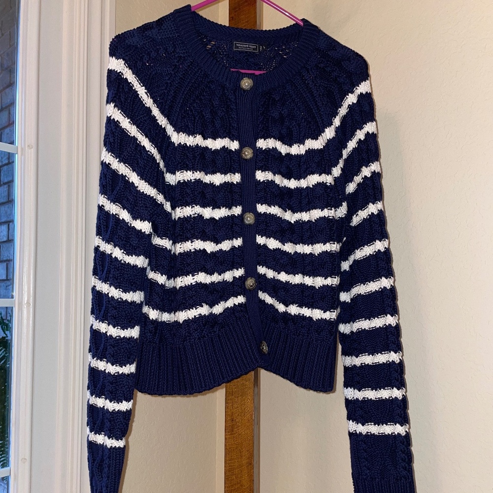 Vineyard Vines Navy and White Stripe Cotton Cableknit Crewneck Cardigan L NWOT